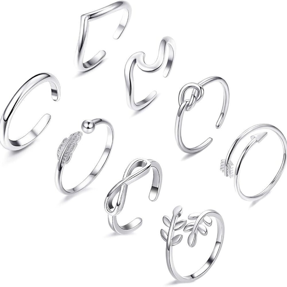 8PCS Adjustable Rings for Women, Silver Stackable Knuckle Rings for Women, Arrow